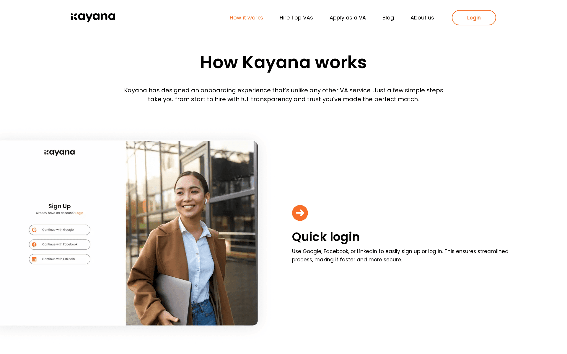 How Kayana works page with the sign up flow