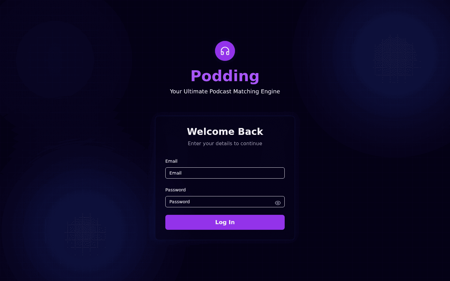 Podding platform login screen