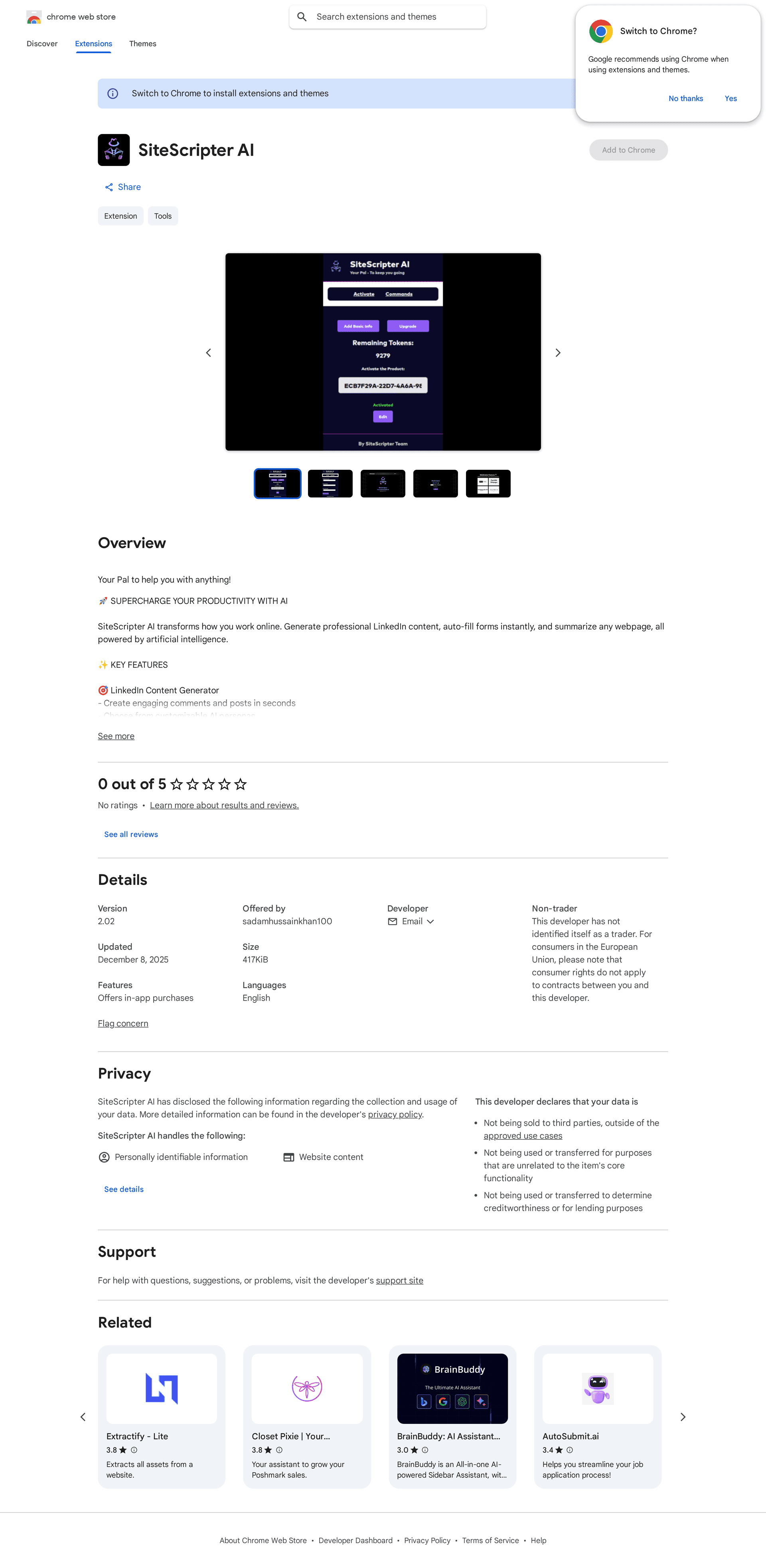 SiteScripter AI Chrome Web Store listing